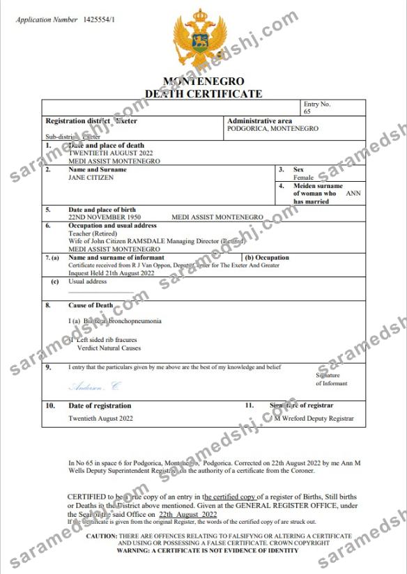 Montenegro death certificate Word and PDF template